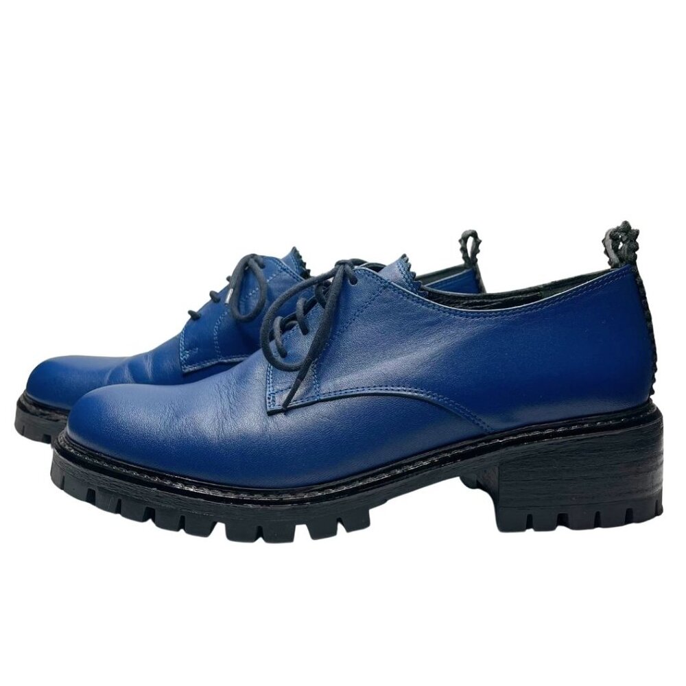 Blue Leather Women's Lace-Up Chunky Sole Oxford